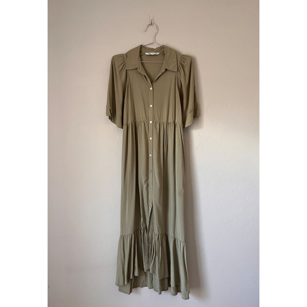Zara Women's Midi Shirt Dress in Olive Green Size SMALL